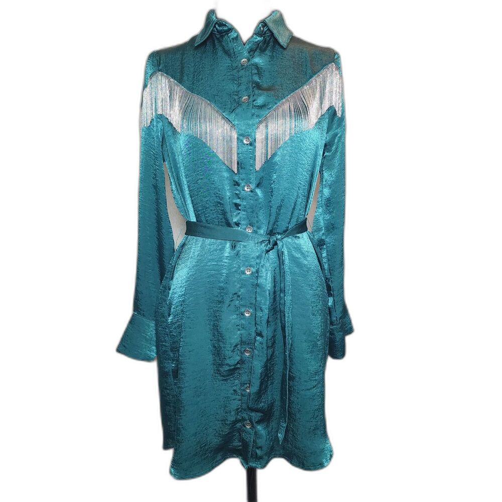 Women's S/M Teal Satin Long Sleeve Belted Fringed Shirt Dress Dolly Parton